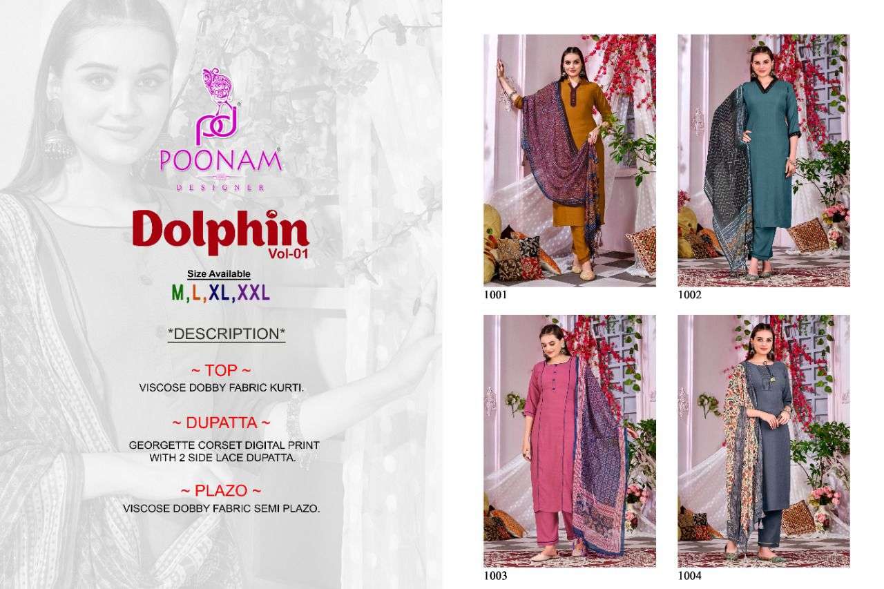 Poonam Designer- Dolphin Vol-01-fabric-viscose-dobby-aline-kurti-fancy-fabric-plazo-pant-georgette-corset-work-digital-print-dupatta-Index